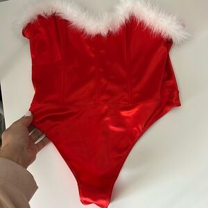 Forever 21 SANTA helper faux fur red strapless red satin Thong Corset M